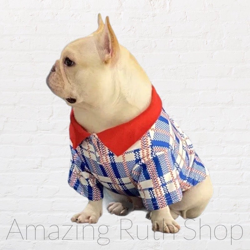 Pet Fashion, Cute Blue and Red Plaid Pet Polo, Pet Clothing